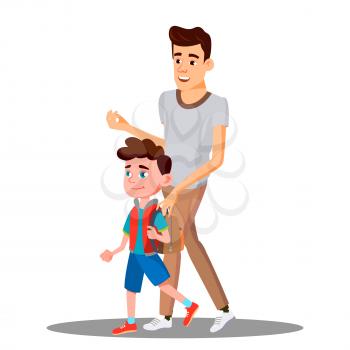 Father Leads To School Child Boy In New School Year Vector. Illustration