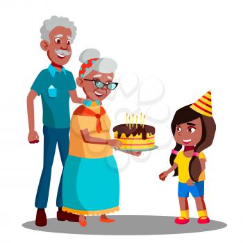 Afro American Old Man, Woman Celebrating Child Granddaughter Birthday Vector. Illustration