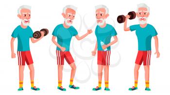 Old Man Poses Set Vector. Elderly People. Senior Person. Aged. Sport, Fitness. Comic Pensioner. Lifestyle. Postcard Cover Placard Design Isolated Cartoon Illustration