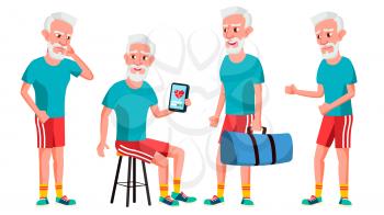 Old Man Poses Set Vector. Elderly People. Senior Person. Aged. Sport, Fitness. Cheerful Grandparent. Presentation, Invitation, Card Design Isolated Cartoon Illustration