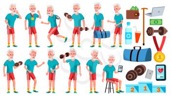 Old Man Poses Set Vector. Elderly People. Senior Person. Aged. Sport, Fitness. Cute Retiree. Activity. Advertisement Greeting Announcement Design Isolated Cartoon Illustration