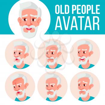 Old Man Avatar Set Vector. Face Emotions. Senior Person Portrait. Elderly People. Aged. Beauty, Lifestyle. Cartoon Illustration