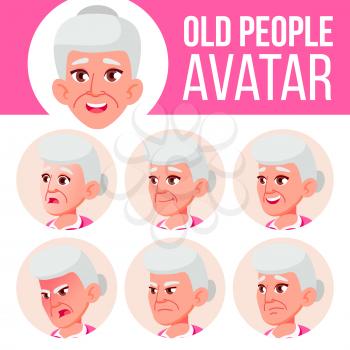 Old Woman Avatar Set Vector. Face Emotions. Senior Person Portrait. Elderly People. Aged. Head, Icon. Happiness Enjoyment. Cartoon Illustration
