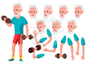 Old Man Vector. Senior Person. Aged, Elderly People. Cute, Comic. Joy. Face Emotions, Various Gestures. Animation Creation Set Isolated Flat Character Illustration