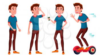 Teen Boy Poses Set Vector. Funny, Friendship. For Advertisement, Greeting, Announcement Design. Isolated Cartoon Illustration