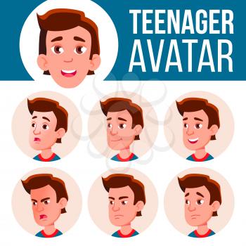 Teen Boy Avatar Set Vector. Face Emotions. Facial, People. Active, Joy Cartoon Illustration
