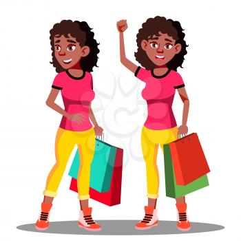 Happy Woman With Shopping Bags After Shopping Vector. Illustration