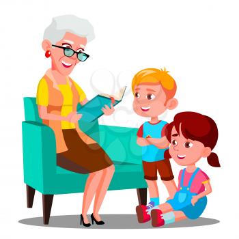 Grandmother Is Reading A Book To Her Grandchildren Vector. Illustration