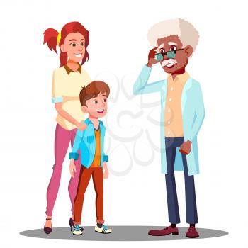 Mother With A Child Visiting To The Doctor Vector. Illustration