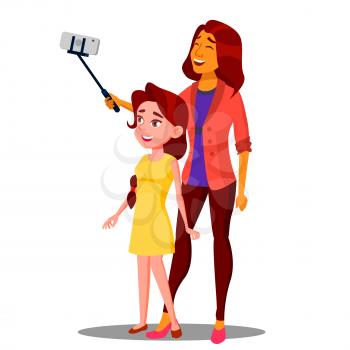 Beautiful Mother And Daughter Making A Selfie On Smart Phone Vector. Illustration