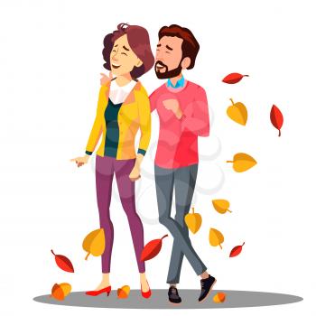 Young Couple In Love Walking Among Falling Autumn Leaves Vector. Illustration