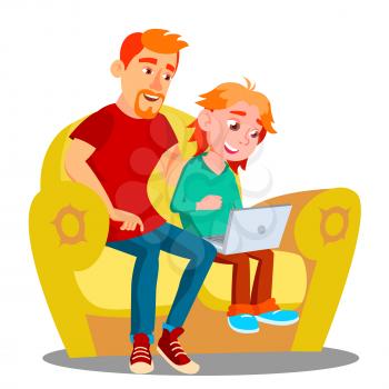 Father And Son Using Laptop On The Sofa Vector. Illustration
