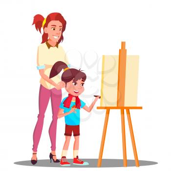 Mother And Daughter Painting On The Easel Vector. Illustration