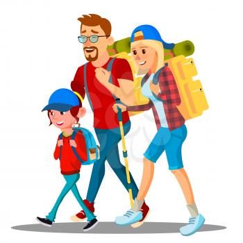 Family Go To Camping With Backpacks On Their Backs Vector. Illustration