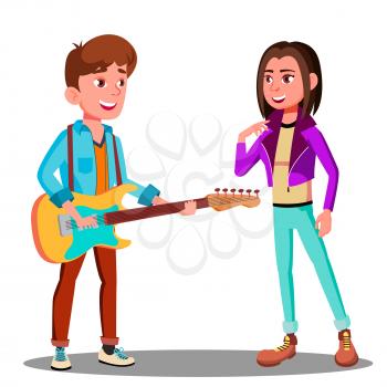Handsome Young Man Playing Guitar To Beautiful Girl Vector. Illustration