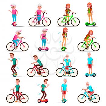 People Riding Hoverboard, Bicycle Vector. City Bike. Outdoor Sport Activity. Gyro Scooter. Activity. Two-Wheel Electric Self-Balancing Scooter. Eco Friendly. Illustration