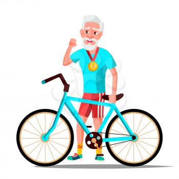 Old Man With Bicycle Vector. City Bike. Outdoor Sport Activity. Eco Friendly. Illustration