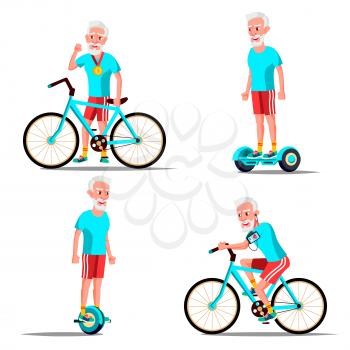 Old Man Riding Hoverboard, Bicycle Vector. City Outdoor Sport Activity. Gyro Scooter, Bike. Eco Friendly. Healthy Lifestyle. Illustration