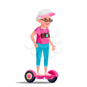 Old Woman On Hoverboard Vector. Riding On Gyro Scooter. Outdoor Activity. Two-Wheel Electric Self-Balancing Scooter. Illustration