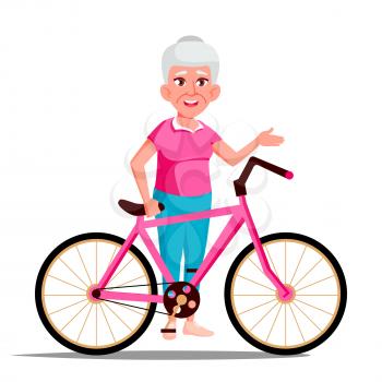 Old Woman With Bicycle Vector. City Bike. Outdoor Sport Activity. Eco Friendly. Illustration