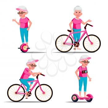 Old Woman Riding Hoverboard, Bicycle Vector. City Outdoor Sport Activity. Gyro Scooter, Bike. Eco Friendly. Healthy Lifestyle. Illustration