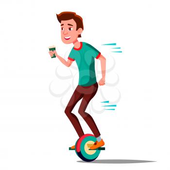 Teen Boy On Hoverboard Vector. Riding On Gyro Scooter. One-Wheel Electric Self-Balancing Scooter. Positive Person. Illustration