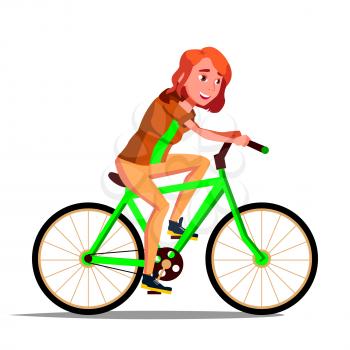 Teen Girl Riding On Bicycle Vector. Healthy Lifestyle. Bikes. Outdoor Sport Activity. Illustration