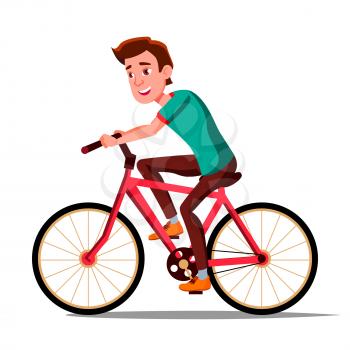 Teen Boy Riding On Bicycle Vector. Healthy Lifestyle. Bikes. Outdoor Sport Activity. Illustration