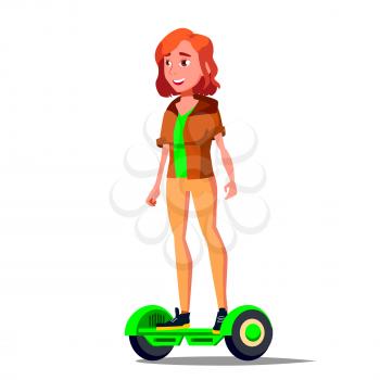 Teen Girl On Hoverboard Vector. Riding On Gyro Scooter. Outdoor Activity. Two-Wheel Electric Self-Balancing Scooter. Illustration