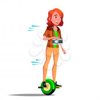 Teen Girl On Hoverboard Vector. Riding On Gyro Scooter. One-Wheel Electric Self-Balancing Scooter. Positive Person. Illustration