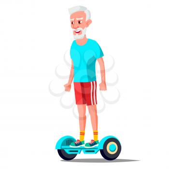 Old Man On Hoverboard Vector. Riding On Gyro Scooter. Outdoor Activity. Two-Wheel Electric Self-Balancing Scooter. Illustration