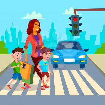 Mother With Children Walk At Crosswalk Vector. Illustration