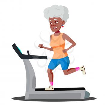 Modern Old Woman Doing Cardio Exercises On Treadmill Vector. Illustration