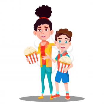 Boy And Girl With Popcorn In Hands Vector. Illustration