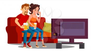 Young Couple With Glasses Of Beer Watching Tv On Sofa Vector. Illustration