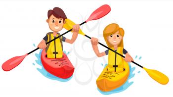 Couple Rides A Kayak Boat On The Lake Vector. Illustration