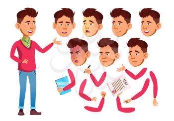 Asian Teen Boy Vector. Teenager. Adult People. Casual. Face Emotions, Various Gestures. Animation Creation Set. Isolated Flat Cartoon Illustration