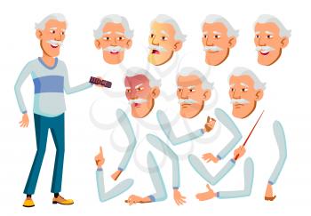 Asian Old Man Vector. Senior Person. Aged, Elderly People. Activity, Beautiful. Face Emotions, Various Gestures. Animation Creation Set. Isolated Flat Cartoon Illustration