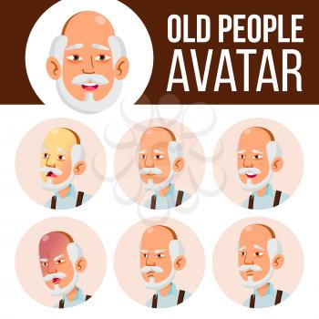 Asian Old Man Avatar Set Vector. Face Emotions. Senior Person Portrait. Elderly People. Aged. Flat, Portrait. Cute, Comic, Web Head Illustration