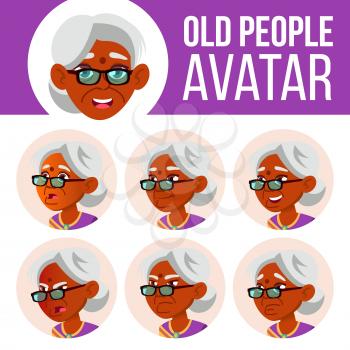 Indian Old Woman Avatar Set Vector. Hindu. Asian. Face Emotions. Senior Person Portrait. Elderly People. Aged. Emotions, Emotional Leisure Smile Head Illustration