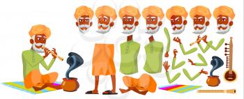 Indian Old Man Vector. Senior Person Portrait. Elderly People. Aged. Animation Creation Set. Face Emotions, Gestures. Hindu. Asian. Joy Presentation Animated Cartoon Illustration