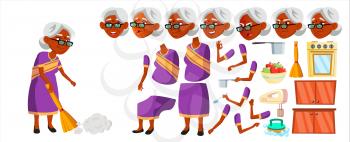 Indian Old Woman Vector. Hindu. Asian. Senior Person Portrait. Sari. Elderly People. Aged. Animation Creation Set. Face Emotions, Gestures Beautiful Retiree Design Animated Illustration