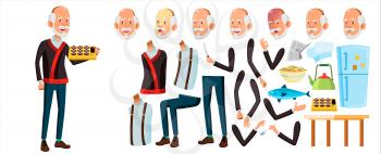 Asian Old Man Vector. Senior Person Portrait. Elderly People. Aged. Animation Creation Set. Face Emotions, Gestures. Funny Pensioner. Leisure. Cover Design Animated Isolated Illustration