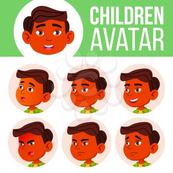 Boy Avatar Set Kid Vector. Indian, Hindu. Asian. Primary School. Face Emotions. Children. Beauty Lifestyle Postcard Announcement Head Illustration