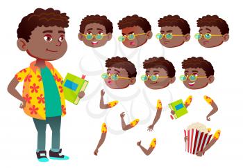 Boy, Child, Kid, Teen Vector. Black. Afro American. Schoolchildren, Teen. Face Emotions Various Gestures Animation Creation Set Isolated Flat Cartoon Illustration