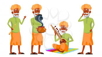 Indian Old Man Poses Set Vector. Hindu. Asian. Elderly People. Senior Person. Aged. Snake Cobra Dance. Web, Brochure, Poster Design Isolated Illustration