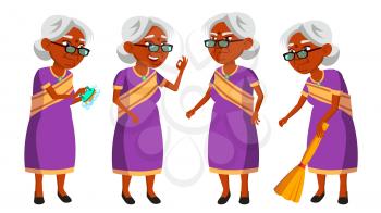 Indian Old Woman In Sari Vector. Elderly People. Hindu. Asian. Senior Person. Aged. Active Grandparent. Joy. Web Brochure Poster Design Isolated Illustration
