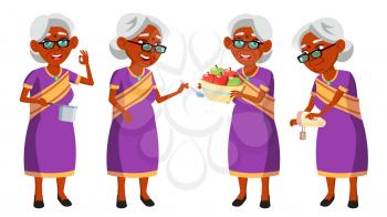 Indian Old Woman In Sari Vector. Elderly People. Hindu. Asian. Senior Person. Aged. Activity. Advertisement, Greeting Announcement Design Isolated Illustration