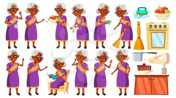 Indian Old Woman In Sari Poses Set Vector. Elderly People. Hindu. Asian. Senior Person. Aged. Cheerful Grandparent. Presentation, Invitation, Card Design. Isolated Illustration
