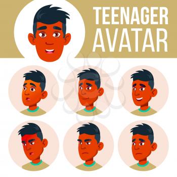 Teen Boy Avatar Set Vector. Indian, Hindu. Asian. Face Emotions. Children, Young People. Life Emotional Head Illustration